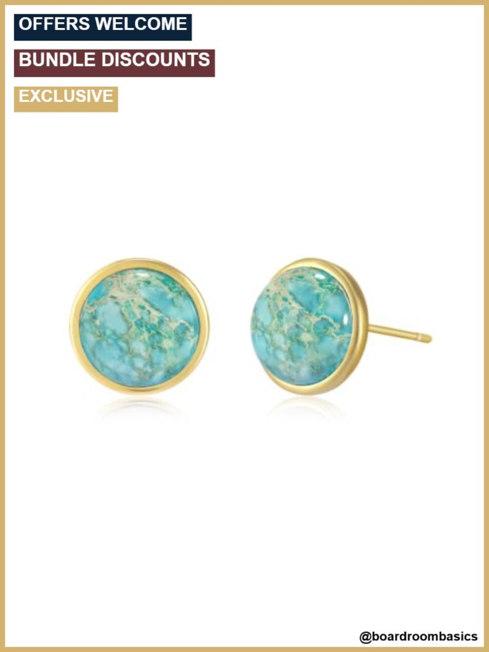 Gold Plated Brass Round Natural Stone Stud Earrings Statement